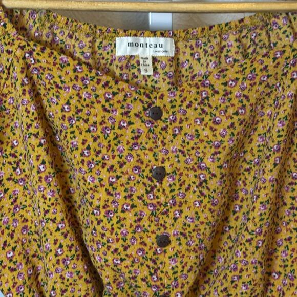 Monteau Flutter Sleeve Pullover Crop Top Yellow Floral Style #28874 Women Small - Picture 2 of 10